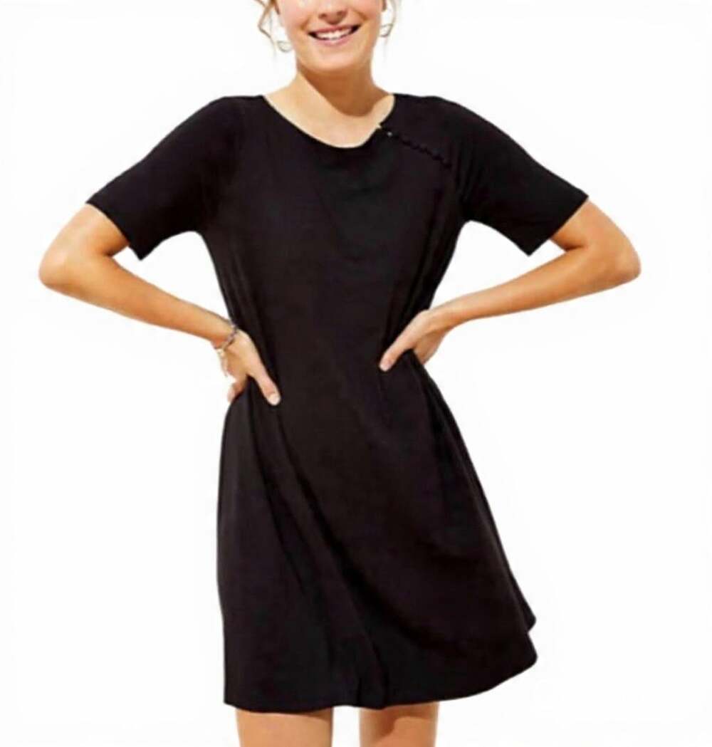 LOFT Black Swing Dress Small Short Sleeve Button Shoulder Minimalist Work